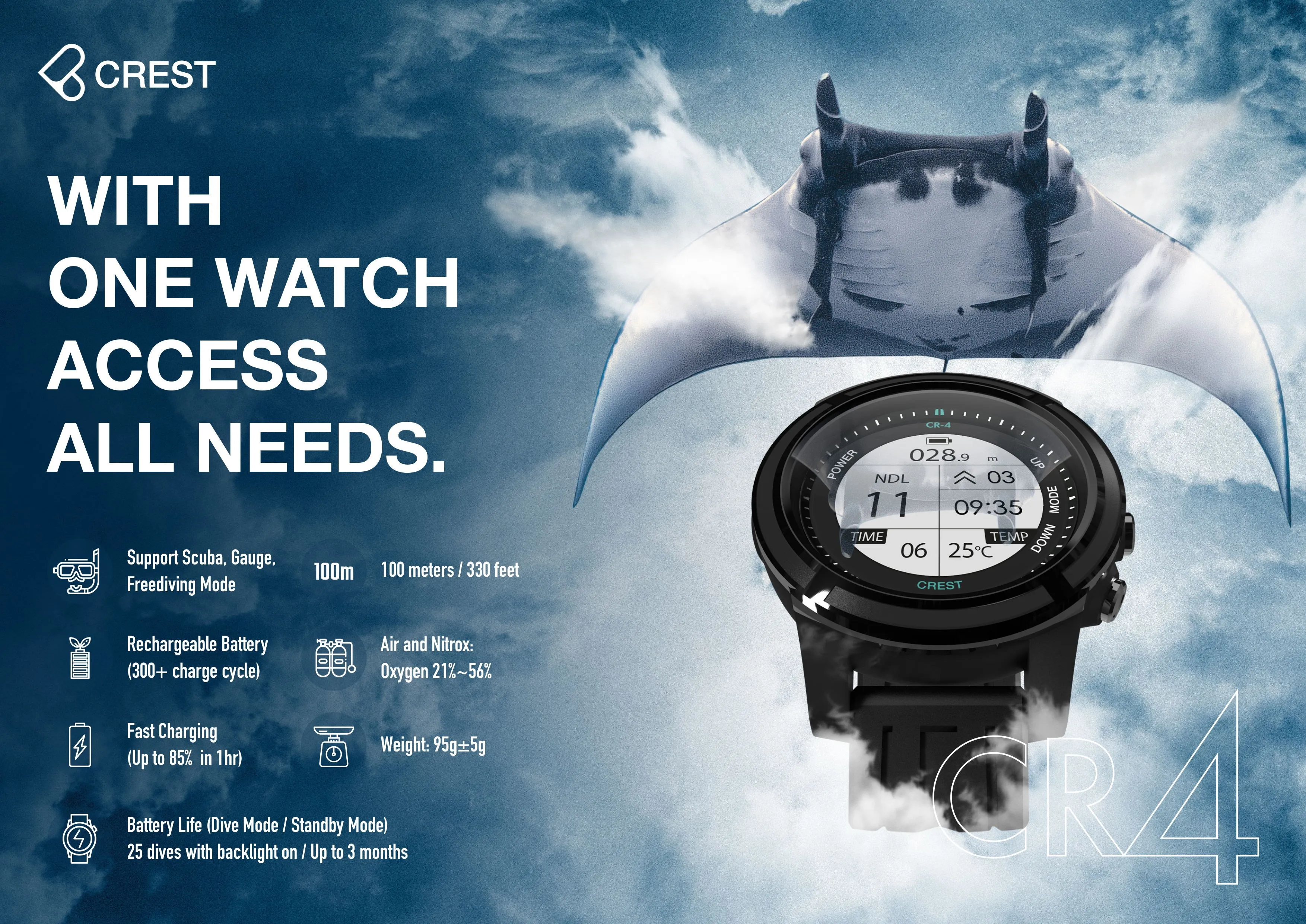 Scuba Dive Computer Crest CR-4 CR4 100 meters 330 feet Scuba Diving Watch Free Diving Rechargeable Battery