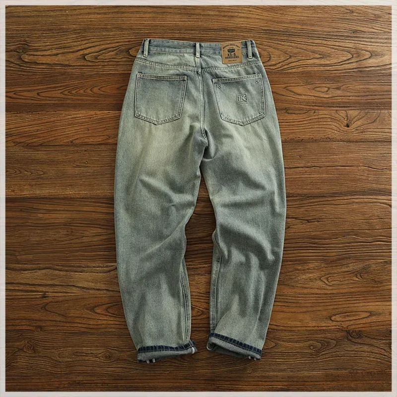 12.5OZ Sag wide leg jeans Men's new vintage yellow mud do old wash loose high street light denim trousers