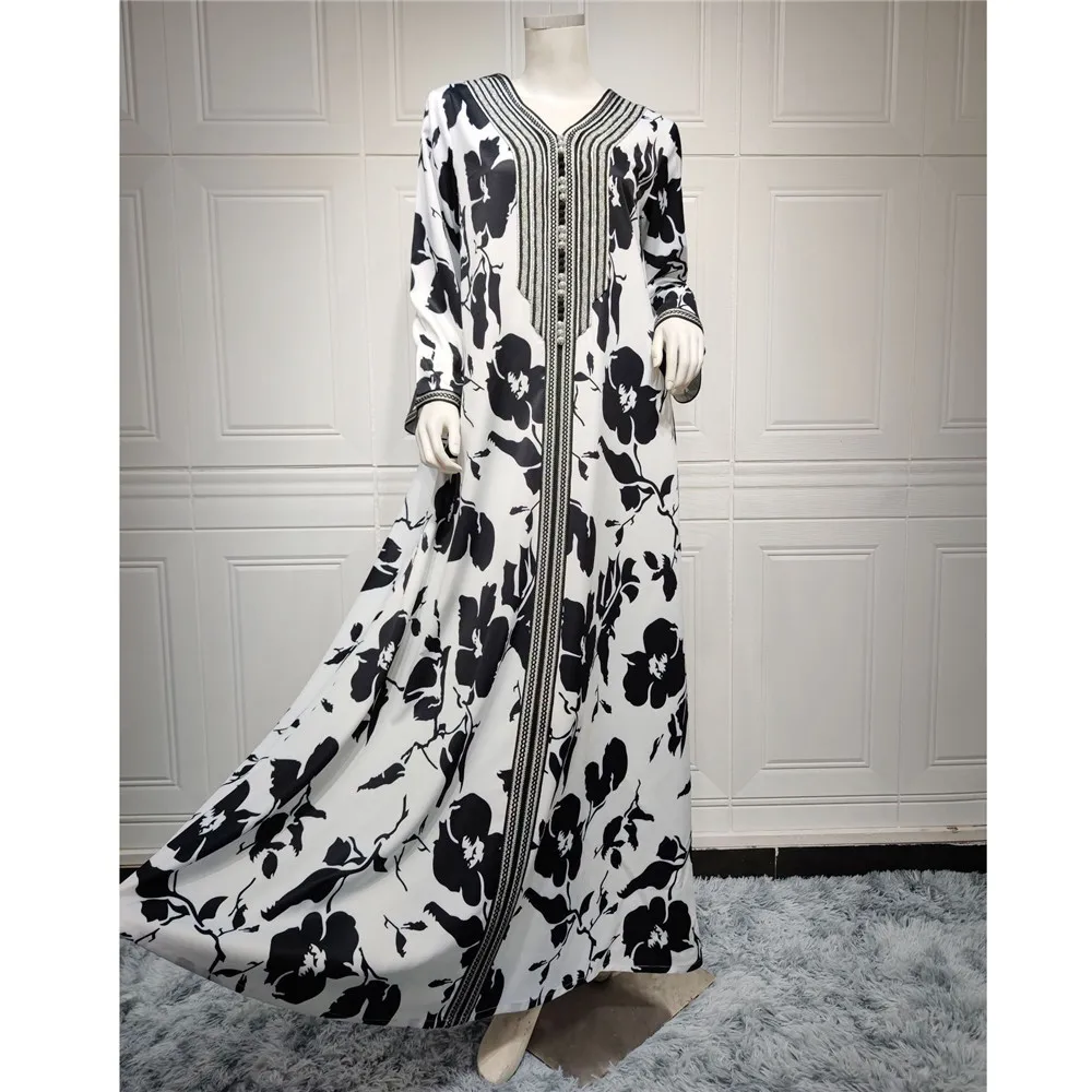 

Morocco Abaya Women Muslim Floral Print V-neck Maxi Dress Turkey Arabic Kaftan Islamic Eid Party Gown Dubai Jalabiya Caftan Robe