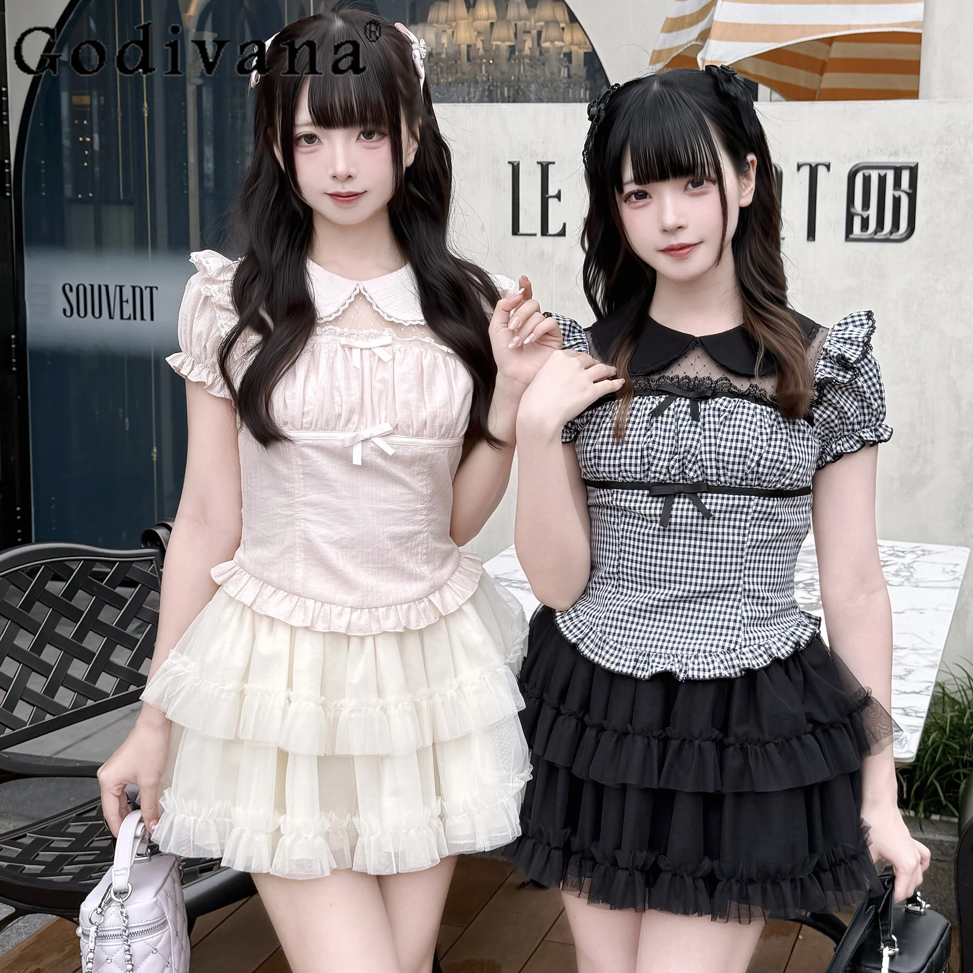 

Japanese Style Mine Mass-Produced Short-Sleeve Top + Skirt Set Summer New Girl's Sweet Cute Bow Doll Collar Shirt Mini Skirts