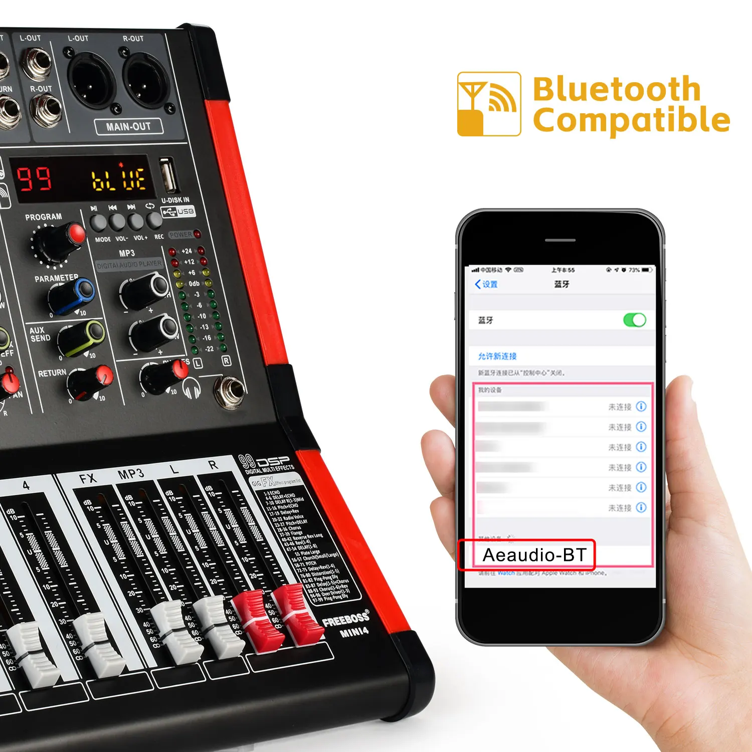 4-канальный звуковой микшер FREEBOSS, 99 цифровых эффектов, USB, Bluetooth, 48 В, микшерная консоль для церкви, Домашнего Караоке, DJ MINI4