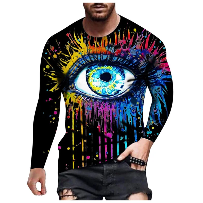 Men's T Shirts Vintage Color Blocking Long Sleeve Tops Autumn 3D Graffiti Printed T Shirts Casual Hip Hop Oversized T Shirt Male