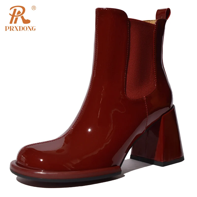 

PRXDONG Genuine Patent Leather Autumn WInter Shoes Woman Ankle Boots Square Heels Round Toe Black Red Dress Party Wedding Shoes