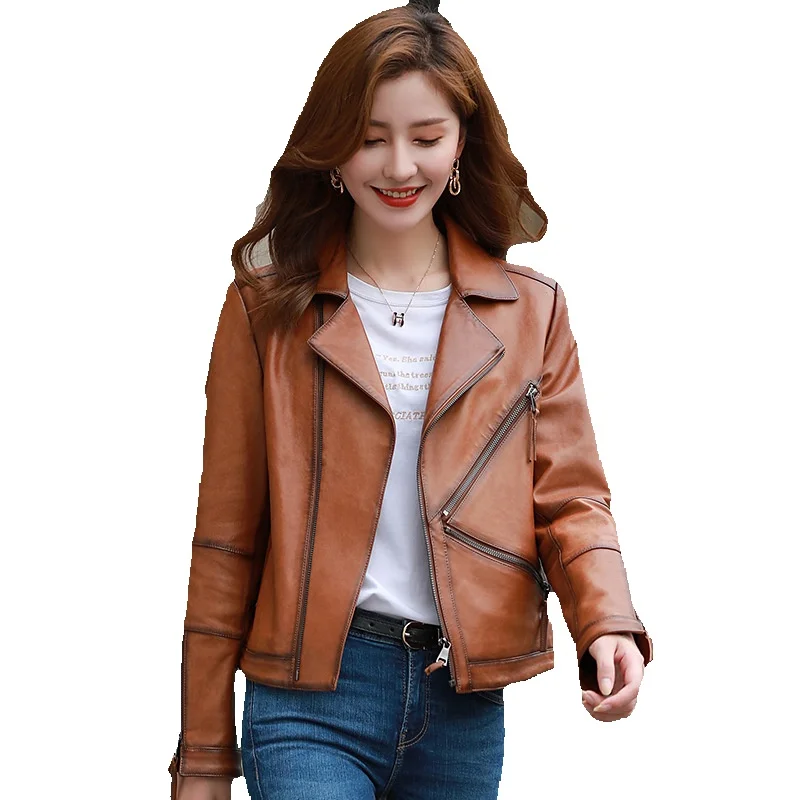 

New Spring Genuine Leather Coat Women's Short Sheepskin Slim Fit High Waist Suit Collar Coat Motorcycle Jacket Women's