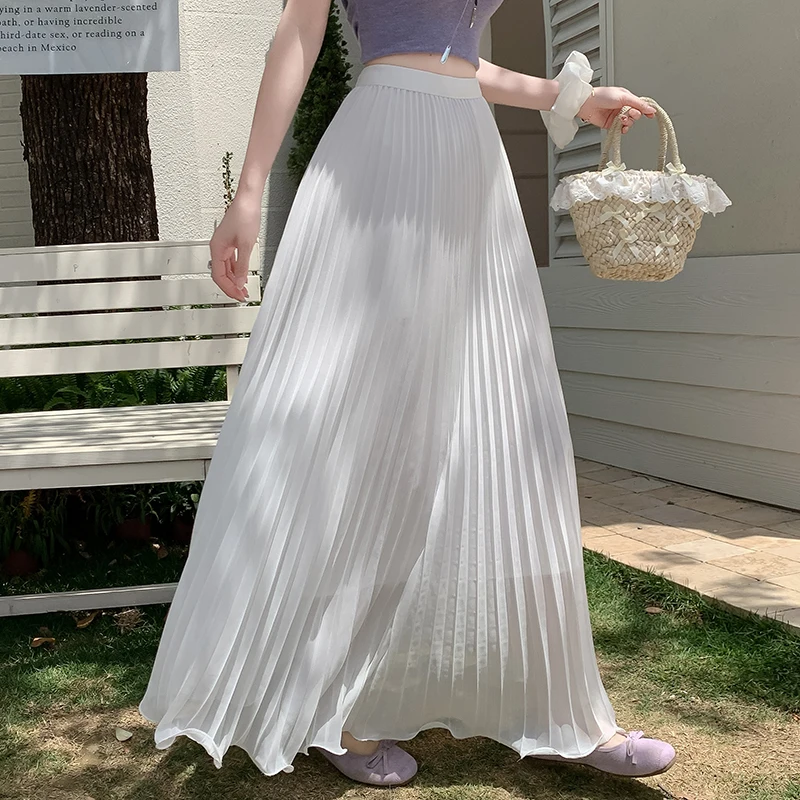 FINEWORDS Vintage Summer Chiffon Skirt Women Korean Streetwear Large String Pleated Skirts Elegant Party Midi Skirt