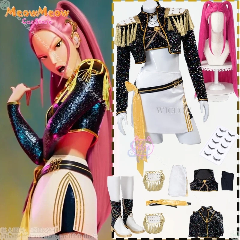 

Huntrix Mira Косплей Kpop Demon Аниме Для ЗОЛОТЫЙ Сценический Униформа Черное Пальто Белое Мини-Платье Kawaii Jirai Kei Девушки Корея Idol Cos