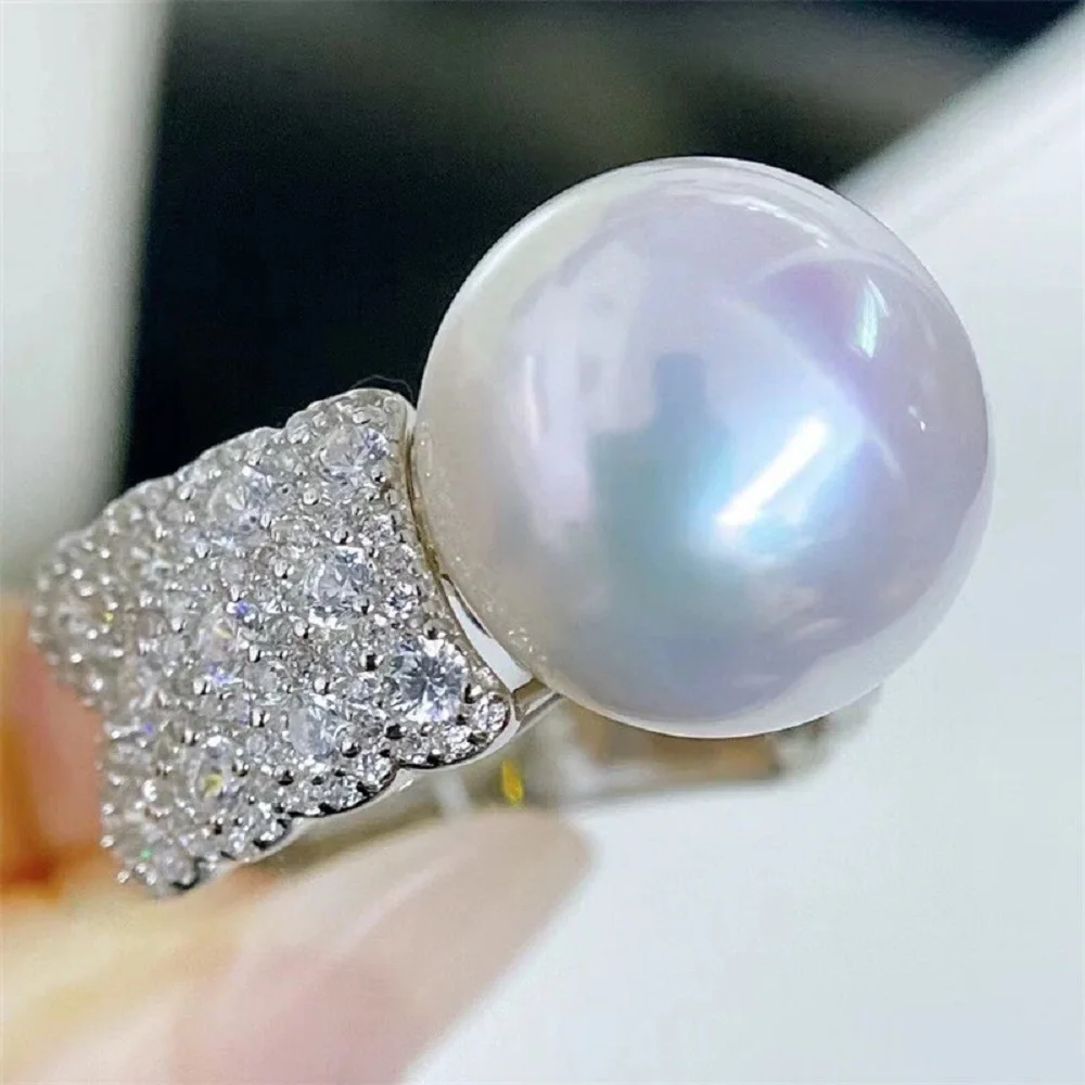 

Gorgeous oversized pearl AAAA 12-13mm round natural South Sea white pearl ring 925S - adjustable ring mouth