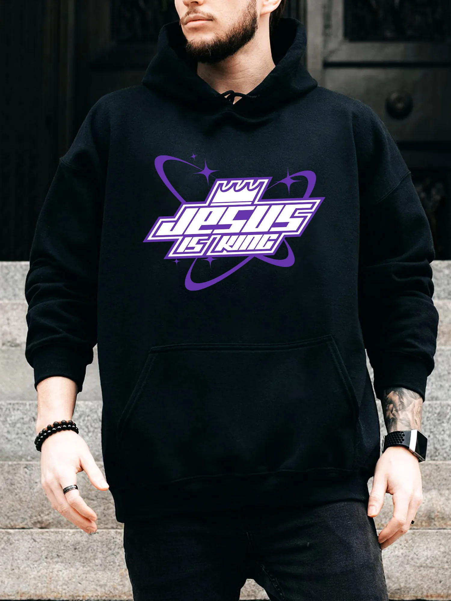 

Мужская толстовка с капюшоном на шнурке «Иисус король» Y2K — повседневный удобный черный пуловер, осенне-зимняя толстовка с капюшоном