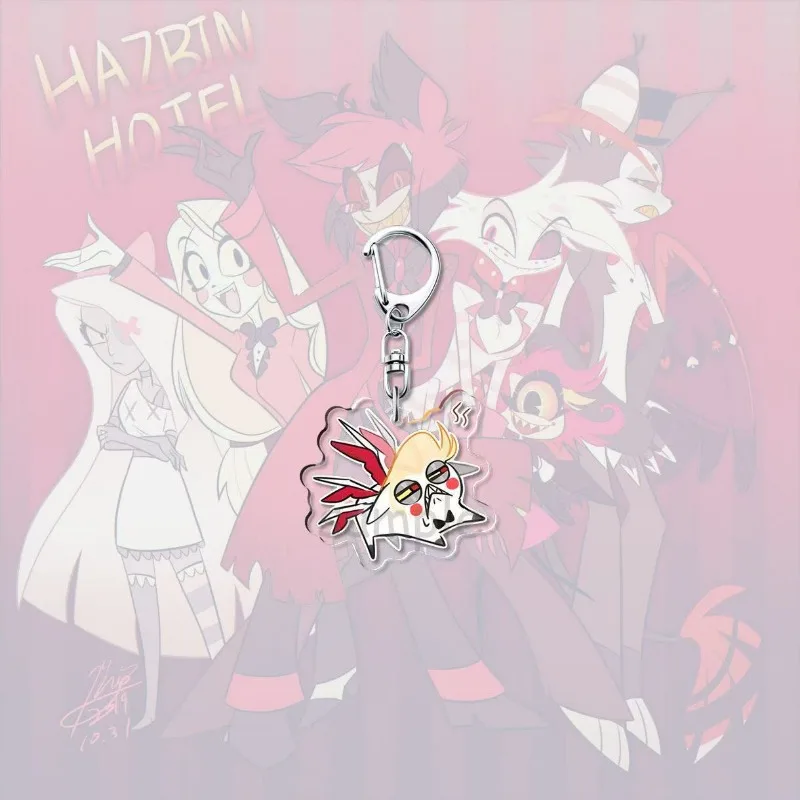 Hazbin فندق الكرتون سلسلة مفاتيح مصنوعة من الأكريليك أنيمي الشكل Alastor لوسيفر فوكس مضحك القط مفتاح سلسلة ظهره ديكور قلادة كيرينغ الهدايا