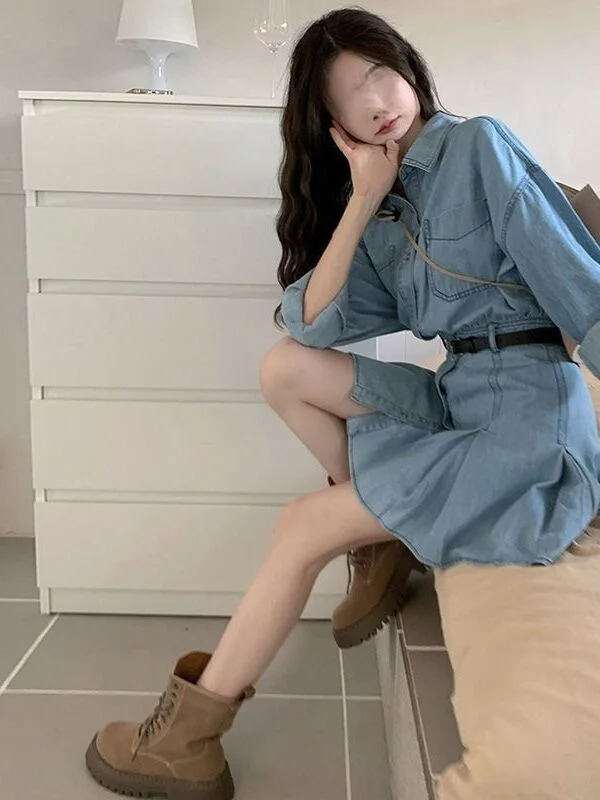 Elegant  Collar Denim Dress Women's Spring Autumn Slimming Pleated Short Skirt Waist Cinching Vintage Style Long Sleeve