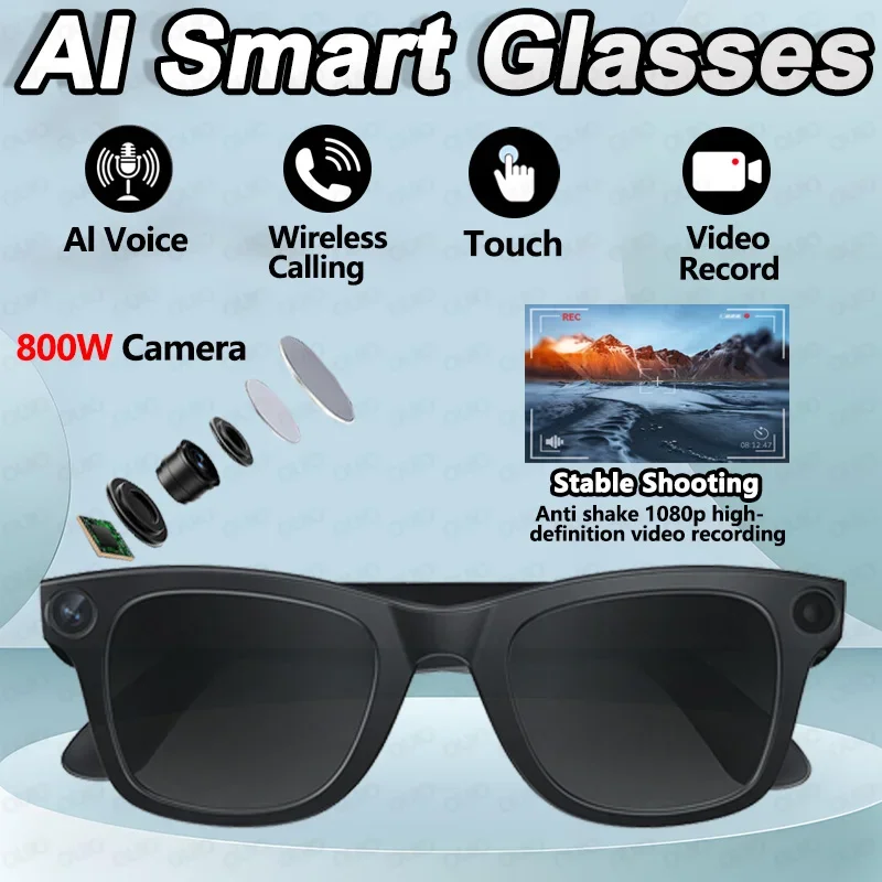 

New AI 800W HD Camera Smart Glasses Anti Shake 1080P HD Video Recording Touch Translation Wireless Call Al Voice Smart Glasses