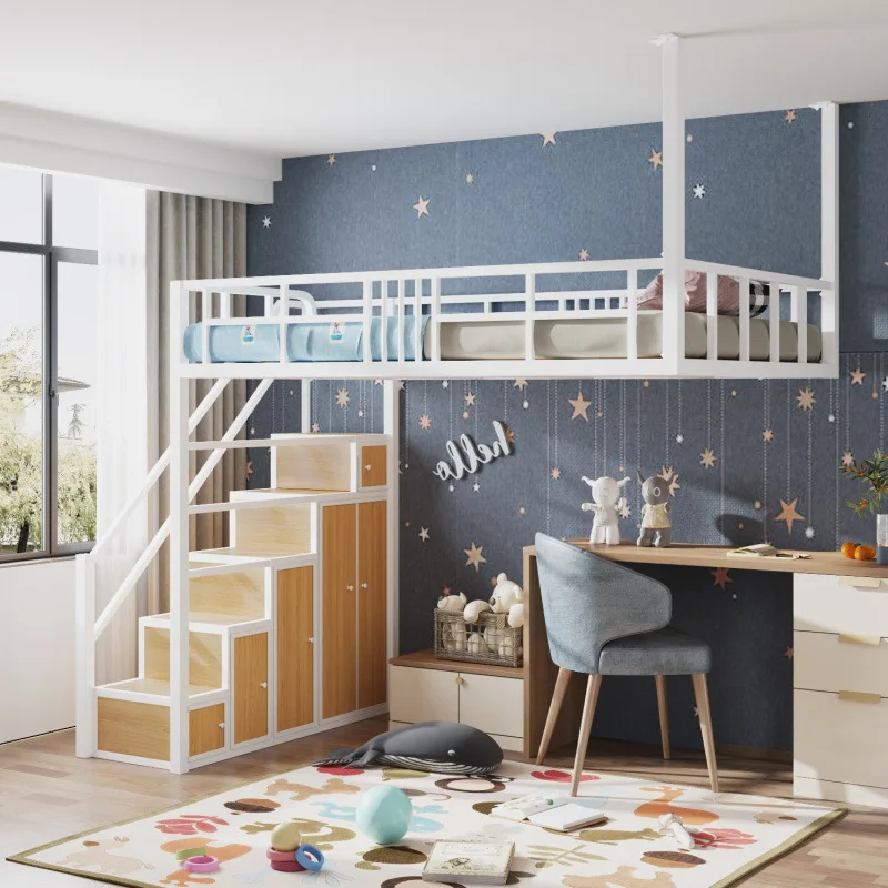 

Многофункциональная кровать-чердак для студенческого общежития с лестницей, из кованого железа, с гамаком, экономящая пространство, для полуторной квартиры, с приподнятым спальным местом