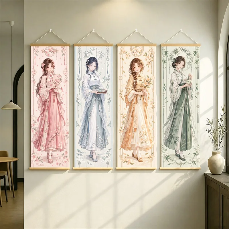 Anime Girls in Flowing Long Dresses Hanging Scroll with Pink, Blue, Gold and Green Floral Borders for a Quiet Bedroom
