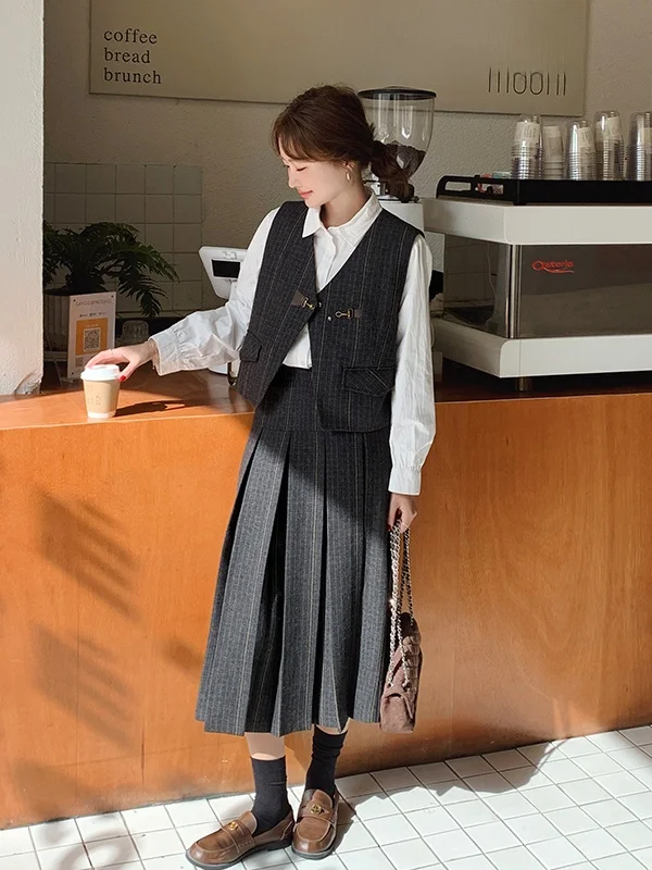 

Комплект из юбки миди и топа Ele A-Line для женщин, весна 2025, новинка, стильный комплект из двух предметов, плиссированная юбка миди длины до колена для колледжа