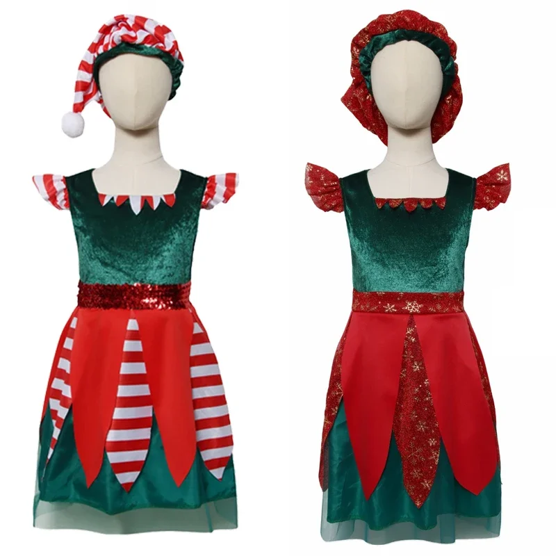 Children Xmas Elf Costume Cosplay Kids Boys Girls School Christmas Carnival Party Performance Dress /Jumpsuit + Hat Outfits