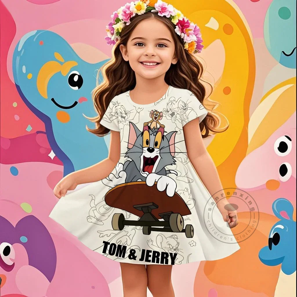 

New Tom And Jerry Cartoon Fashion Girls 3D Printing Cute Childrens Comfortable Summer Popular Short Sleeve Dress For Kids
