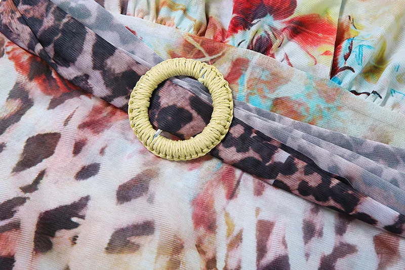 Leopard Floral Print Ruffles Mini Halter Dress Women Sexy Sleeveless Backless Ruched Slim Mesh Vacation Beach Vestidos Clubwear