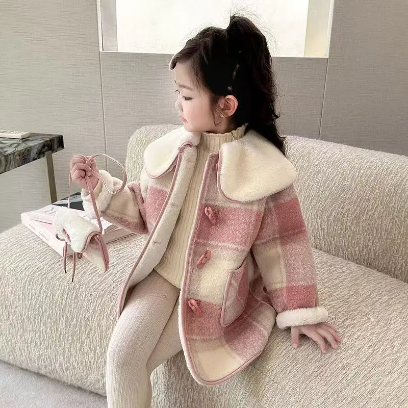 

Girls' Coat Autumn and Winter New Style Children's Wool Thickened Coat Baby Winter Plus Cashmere Medium Length