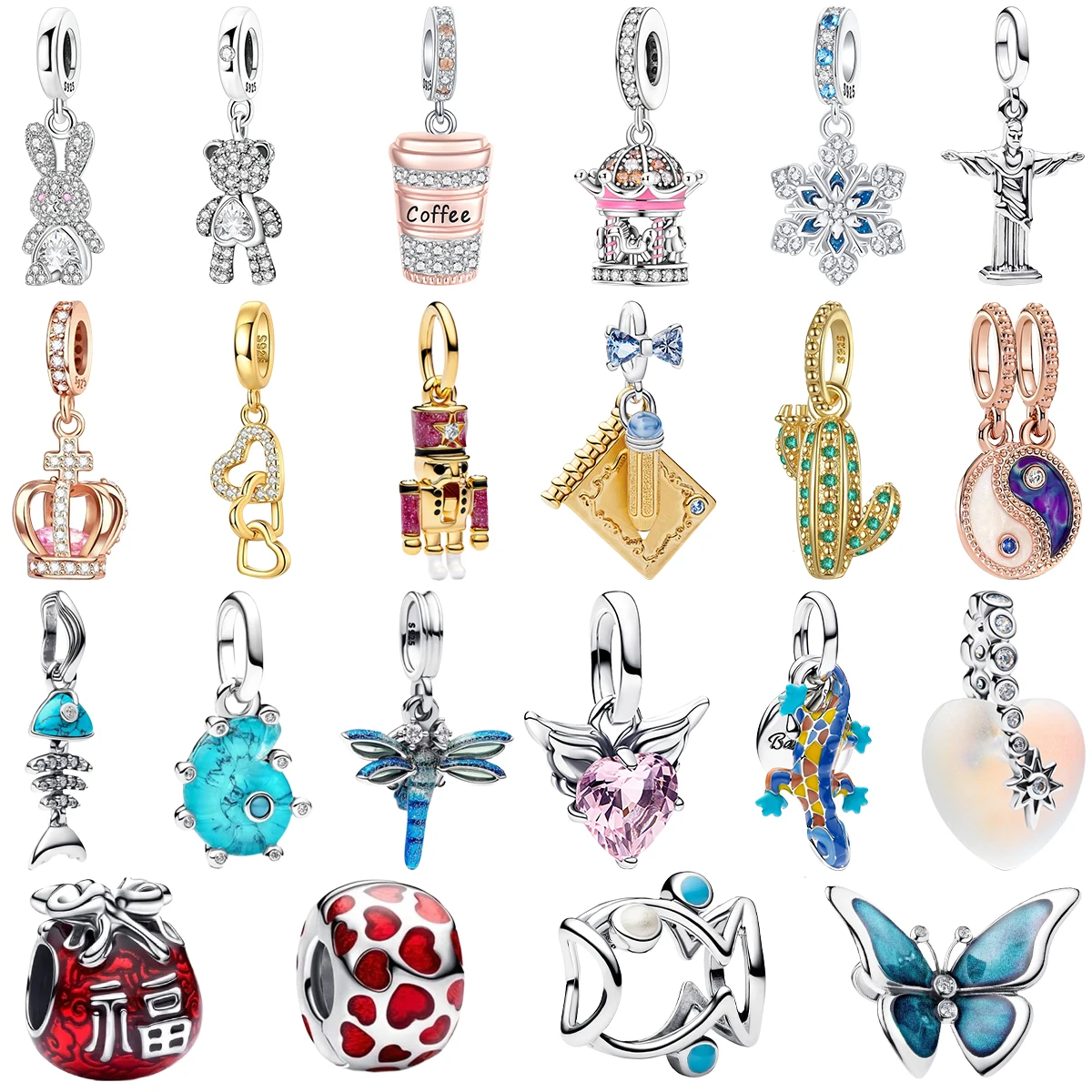 

925 Sterling Silver Pave Charms Beads Rabbit Teddy Bear Coffee Snowflake Crown, Cactus Fishbone Pendant Fit Bracelet Jewelry