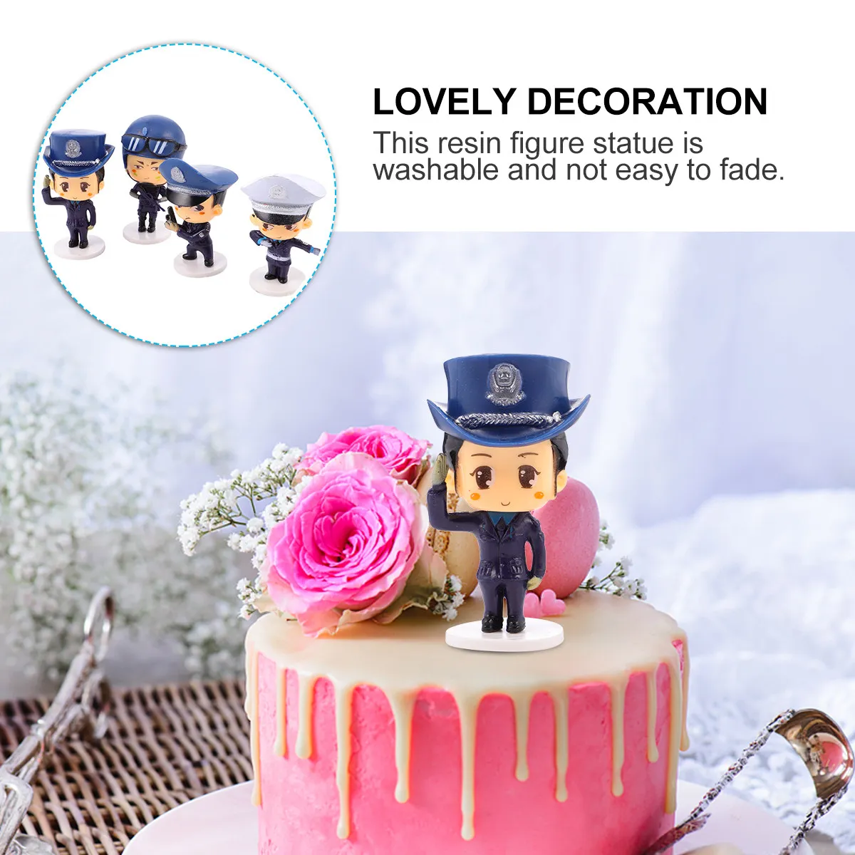 

4Pcs Eco Friendly Cartoon Police Cake Topper Set Washable Non Fade Dessert Decor for Birthday Party Cosplay Photography Home