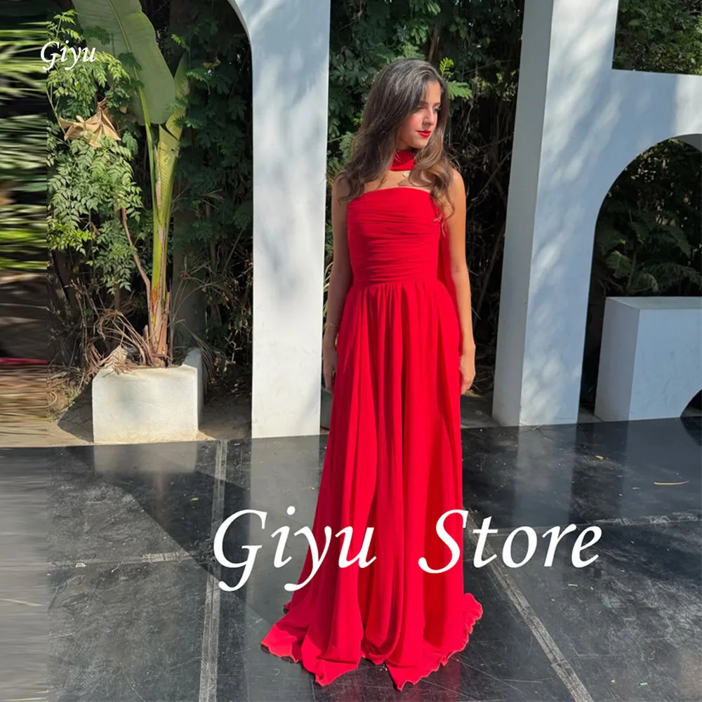 

Giyu Simple A Line Red Formal Evening Dresses Arabic Women Strapless Pleats Plus Size Prom Gowns Long Party Customized Vestidos