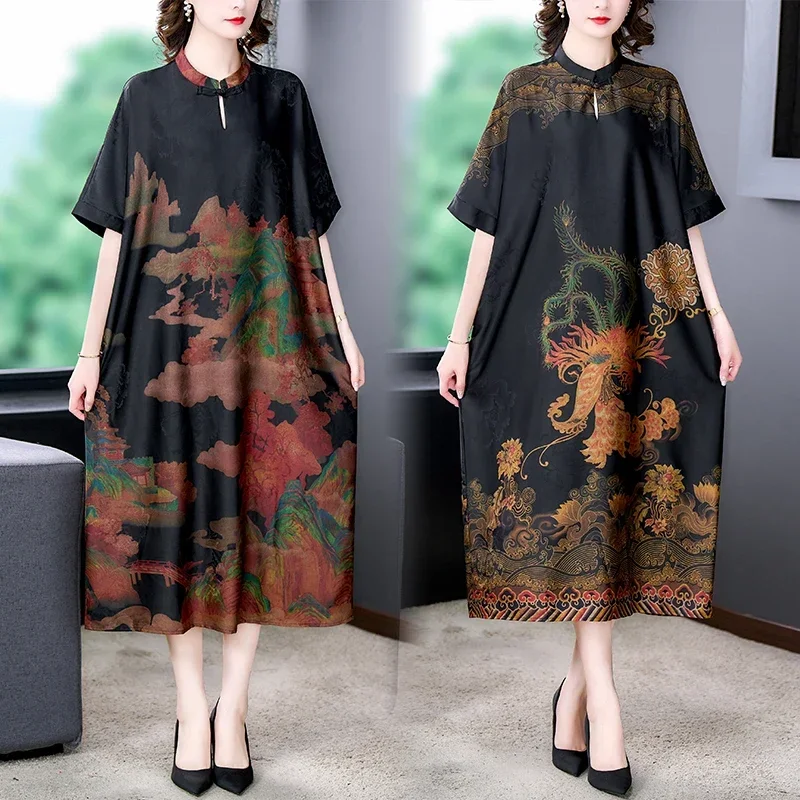 

2023 Summer New Silk Short Sleeve Vintage Print Dress High Grade Elegant Loose Large Slim Long Dress Chinoiserie Cheongsam Dress