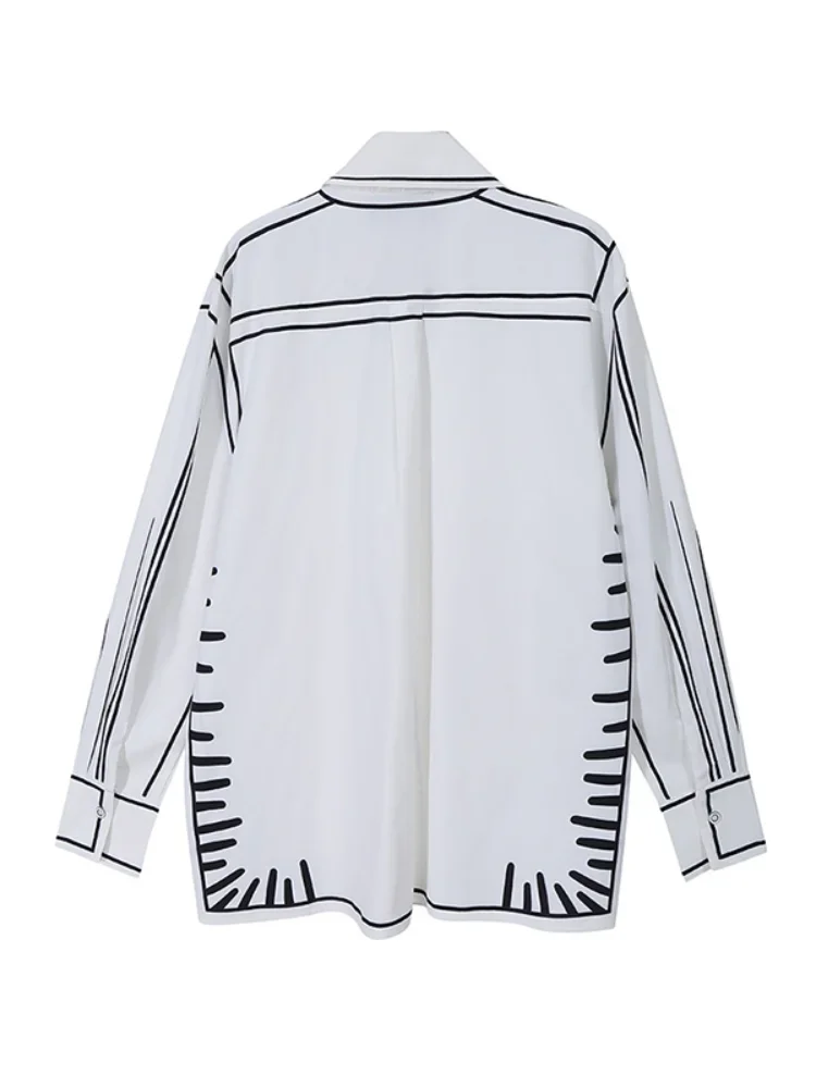 Yeezzi 2024 New Women Fashion White Black Printed Lapel Blouse Spring Summer Long Sleeves Causal Office Shirt Tops T-shirts