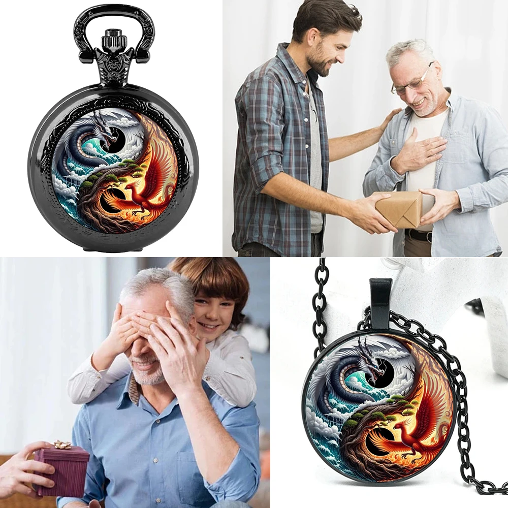 Arbitrary Choice Glass Dome Quartz Pocket Watch and Pendant Necklace Combination Package with Red Flannel Bag Souvenir Gift