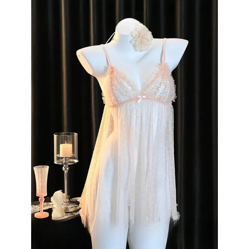 

Seductive Princess-Style Tulle Pajamas for Women–See-Through Polka Dot Nightgown,Sweet and Alluring for Romantic Date Nights