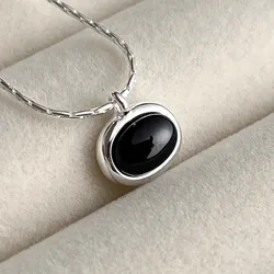 VOQ Silver Color Oval Black Onyx Necklace Women's Simple Classic Pendant Clavicle Chain Fashion Party Jewelry