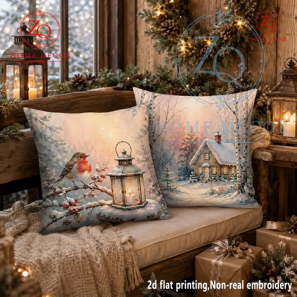 Retro snow scene plush pillowcase with robin  warm light crees a wonderfully warm  inviting wintery country cottage mosphere