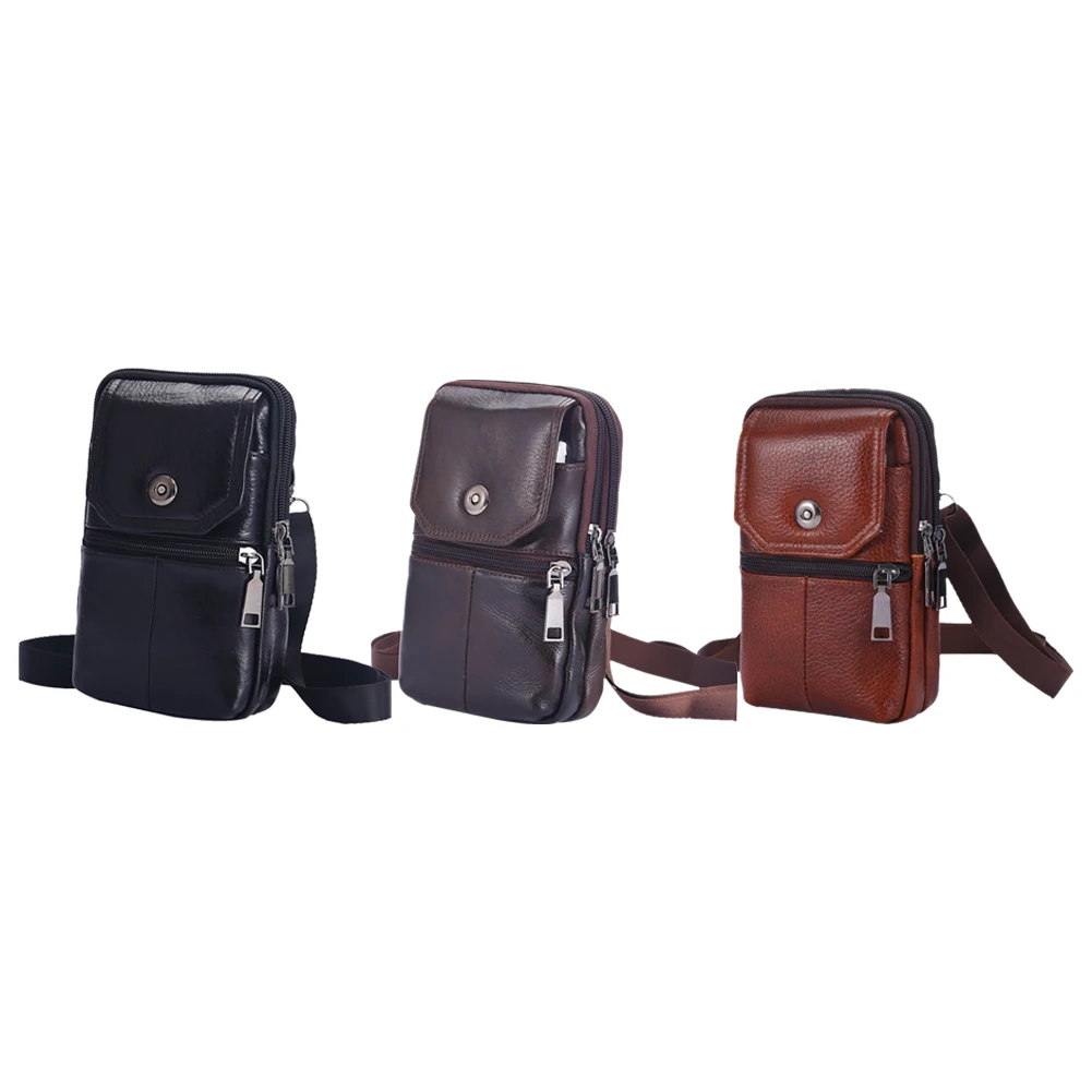 

Men Cowhide Leather Bags Solid Color 7.5inch Phone Shoulder Bags Zipper Small Wallets Built in Card Pockets for Travel Shopping