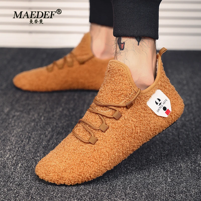 MAEDEF Winter Shoes Men's Warm Lace Up Lightweight Winter Casual Shoes Men Indoor Plush Bedroom House Cotton Shoe Men Warm Shoes