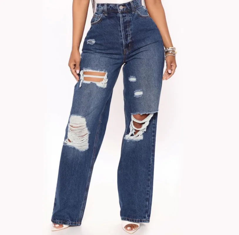 

Streetwear Ladies Ripped Jeans Distressed High Waisted Jeans for Women Trendy Wide Straight Leg Y2k Pants Women's Jeans