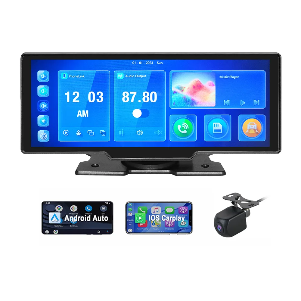 Layar Carplay nirkabel portabel 10.26 inci IPS, ponsel pintar Android navigasi GPS otomatis AUX FM Monitor kamera mundur