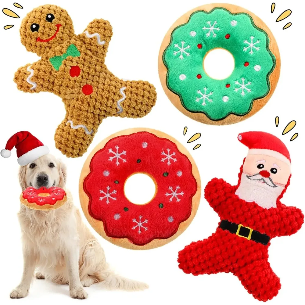 Juguetes chirriantes de peluche para perros de Navidad, juguetes para masticar Donut, juguetes de peluche duraderos para cachorros medianos y pequeños, masticadores agresivos, regalo interactivo