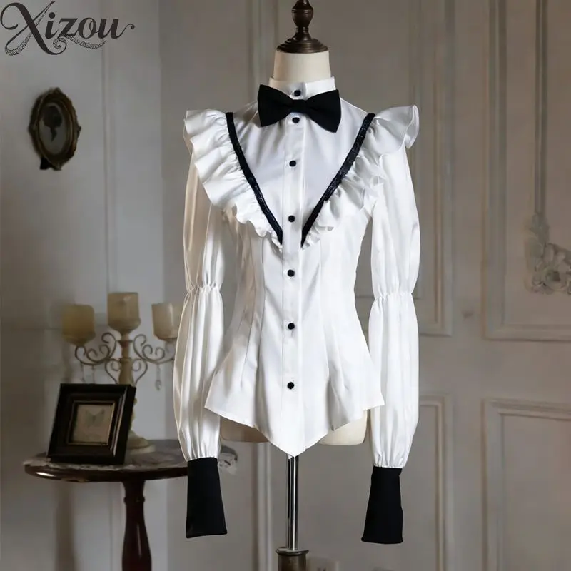 

Костюм Лолита Готика из 3 предметов: Японский винтажный фрак-жилет Y2K, белая рубашка с бантом, шорты. Облегающий костюм принца для пар, косплей.