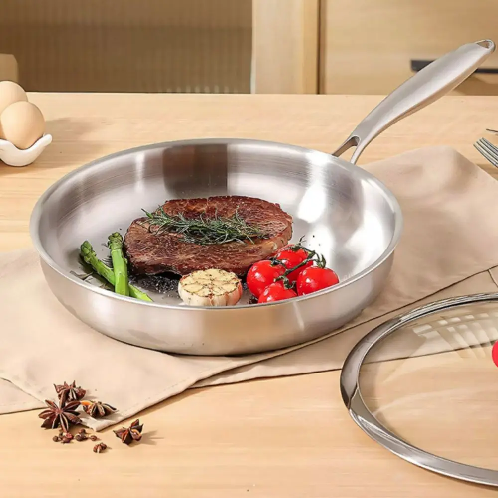 

Easy To Clean Uncoated Stainless Steel Frying Pan Nonstick Flat Bottom Saucepan Thickened Universal Fried Steak Pot Home