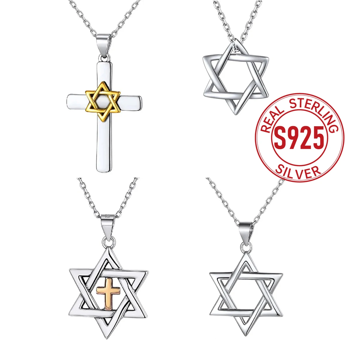 U7 925 Sterling Silver Star of David Necklaces for Women Cross Hexagram Pendant Necklace Religious Jewish Jewels Gift for Her