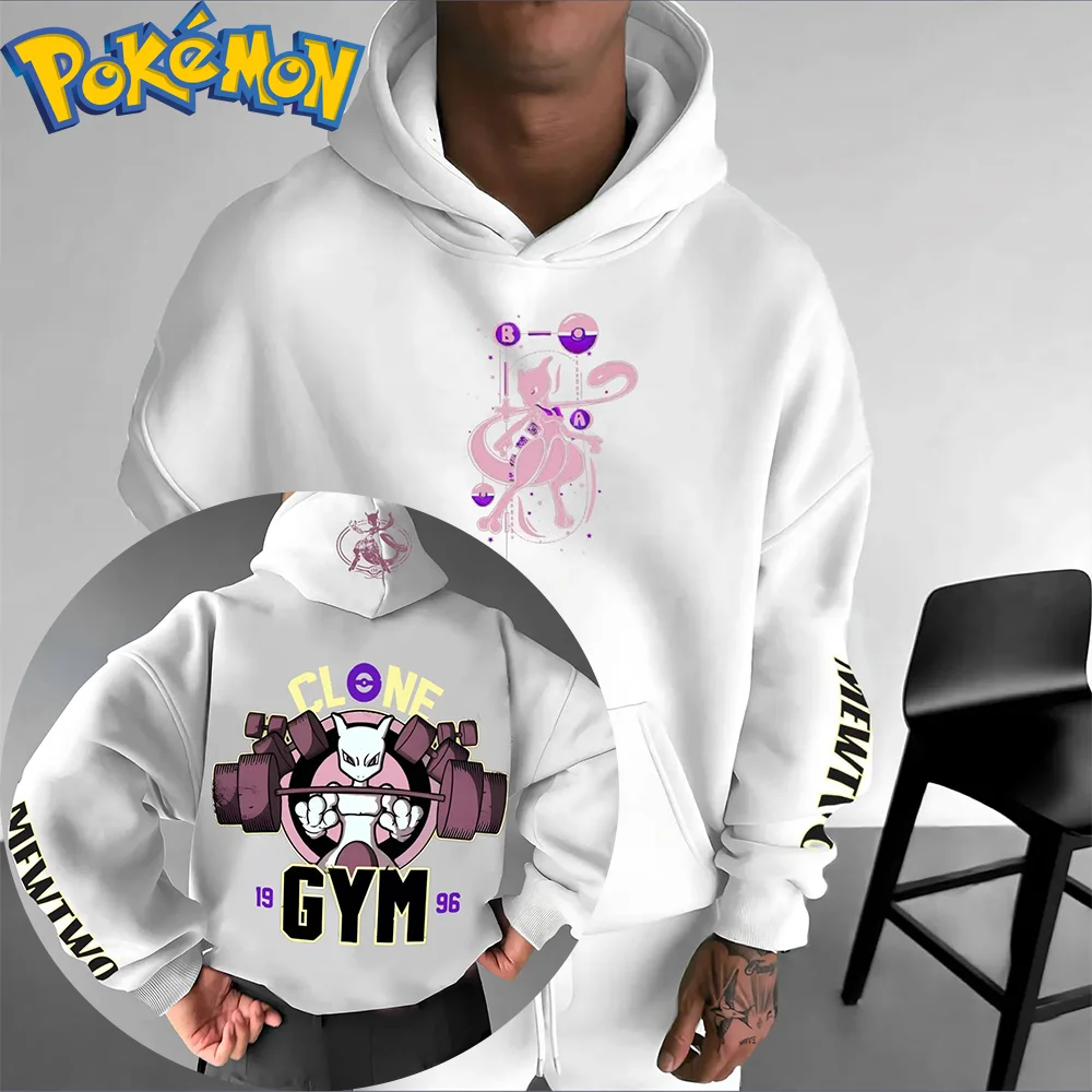

Хлопковая толстовка с капюшоном в стиле Харадзюку, комплект брюк с изображением Покемона, аниме Mewtwo, белый, розовый, с принтом персонажей и тяжелой атлетики, наряд из двух предметов