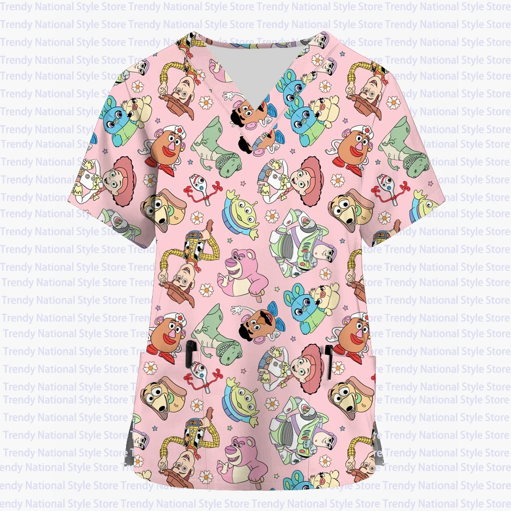 

Women's Uniform Animal Print Cartoon Disney Buzz Lightyear V-neck Top Women's Nurse Work Clothes Medical Surgery Uniform