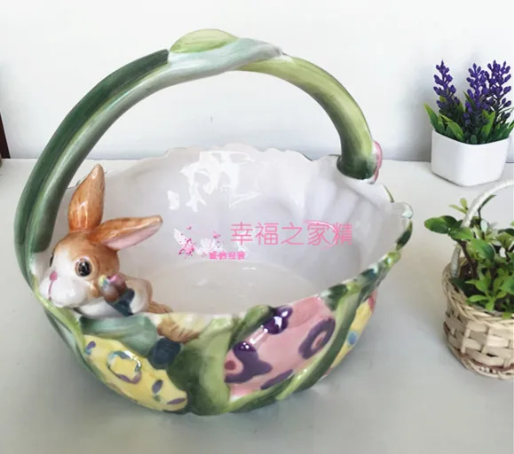 

Ceramic White Rabbit Fruit Basket, Dish Sculpture, Home Decor Crafts, Room Wedding Table Ornament, Key Candy Storage Basket