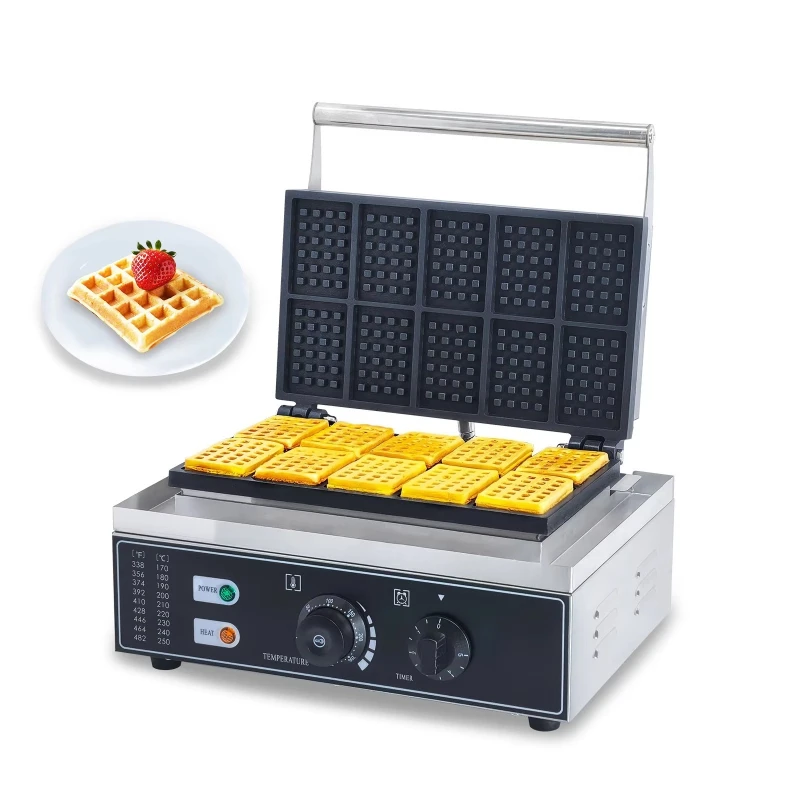 Commercial stainless steel rectangular waffle maker 10-piece non-stick industrial Belgian waffle