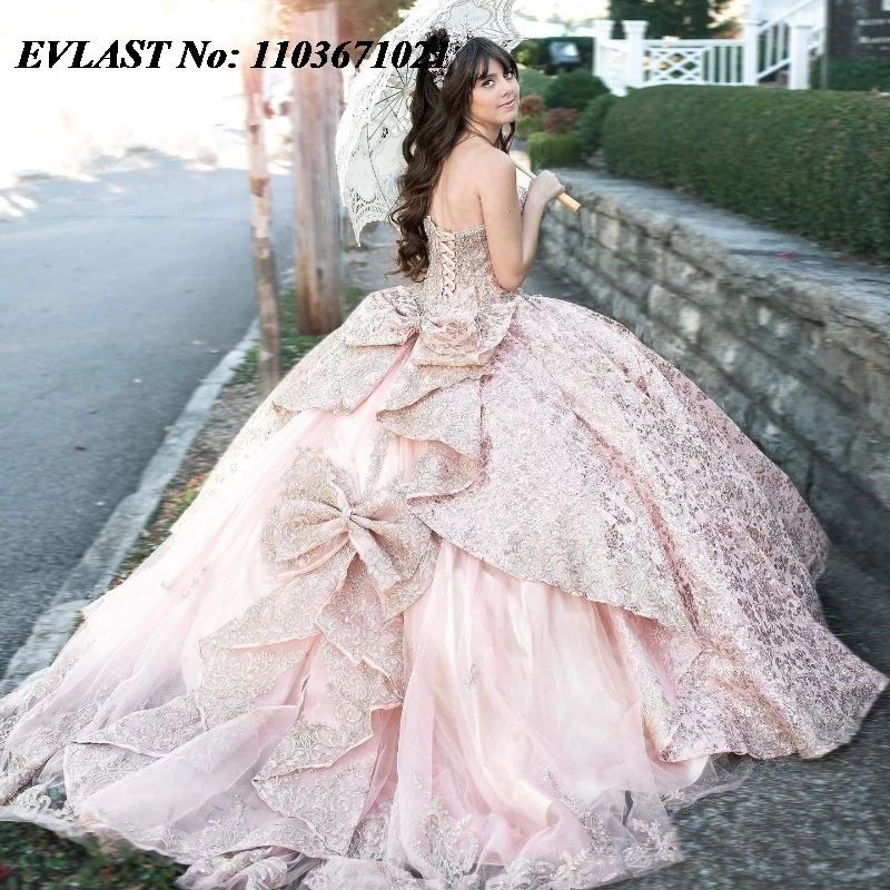 EVLAST Customized Pink Quinceanera Dress Ball Gown Gold Sequins Applique Beading Jacket Bow Sweet 16 Vestidos De XV 15 Anos SQ24