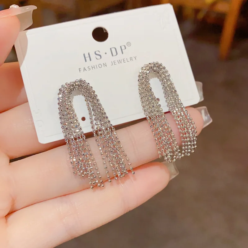 Sparkling Beaded Tassel Arch Earrings Shimmering Silver Tone Cascade Fringe Glamorous Night Out Party Statement Ear Jewelry