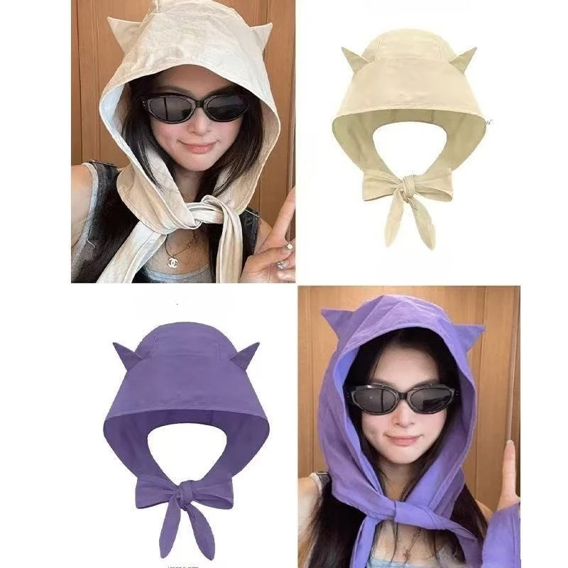Y2K Little Devil Strap Quick Dry Sun Hat Thin Ear Flap Hood  Cute Cat Ears Design Summer UV Protection Headscarf Beach Cap