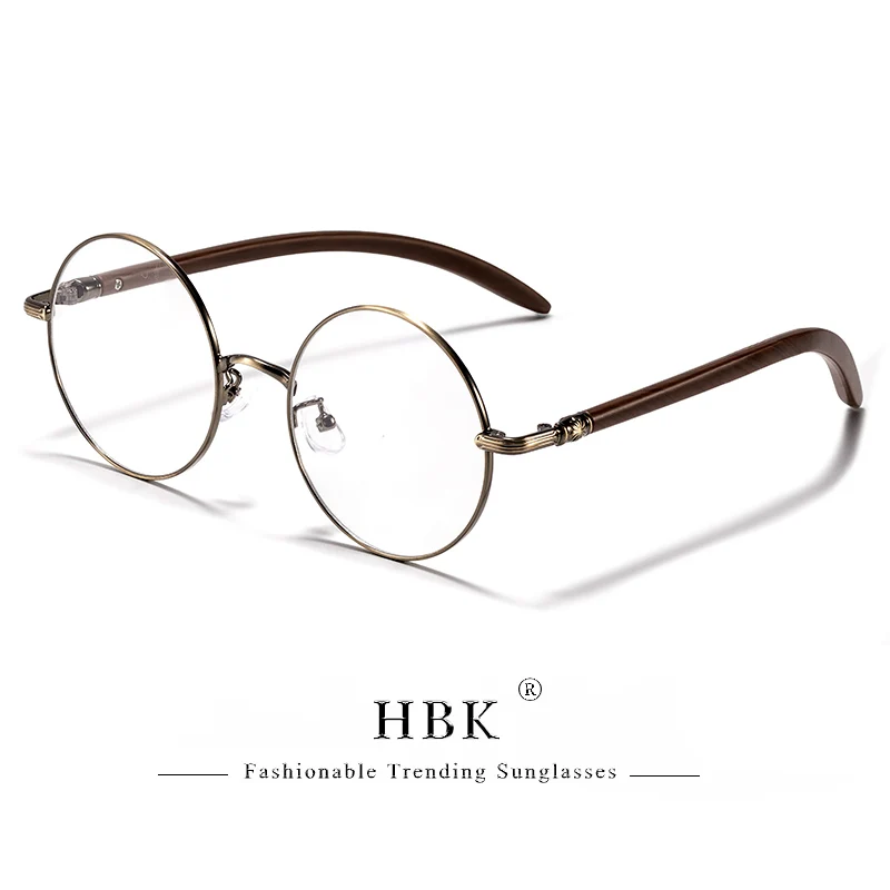 HBK Retro Anti Blue Light Women Glasses Round Frame Wood Grain Metal Frame Men with Flat Light Frame High-Quality Eyeglasses