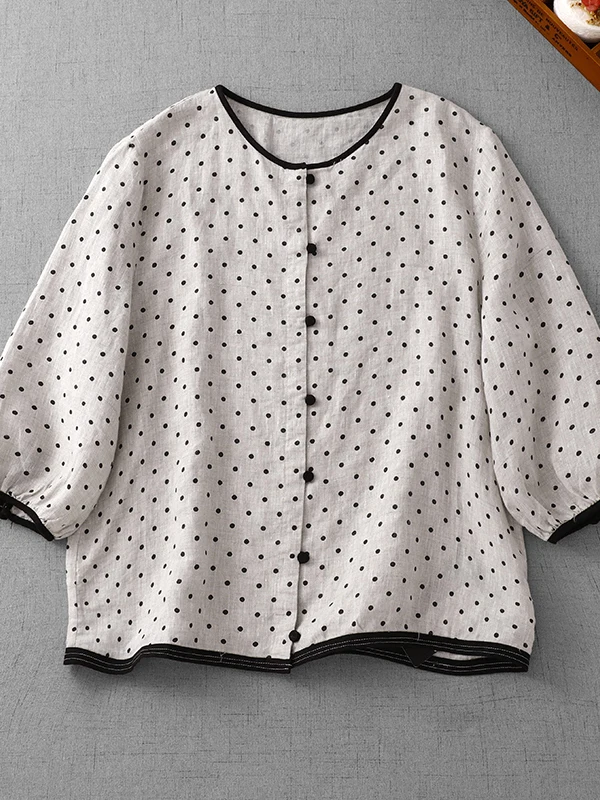 

Хлопково-льняная одежда в горошек в стиле ретро, большой размер, женская повседневная круглая летняя одежда на пуговицах с асимметричным подолом, одежда для поездок на работу