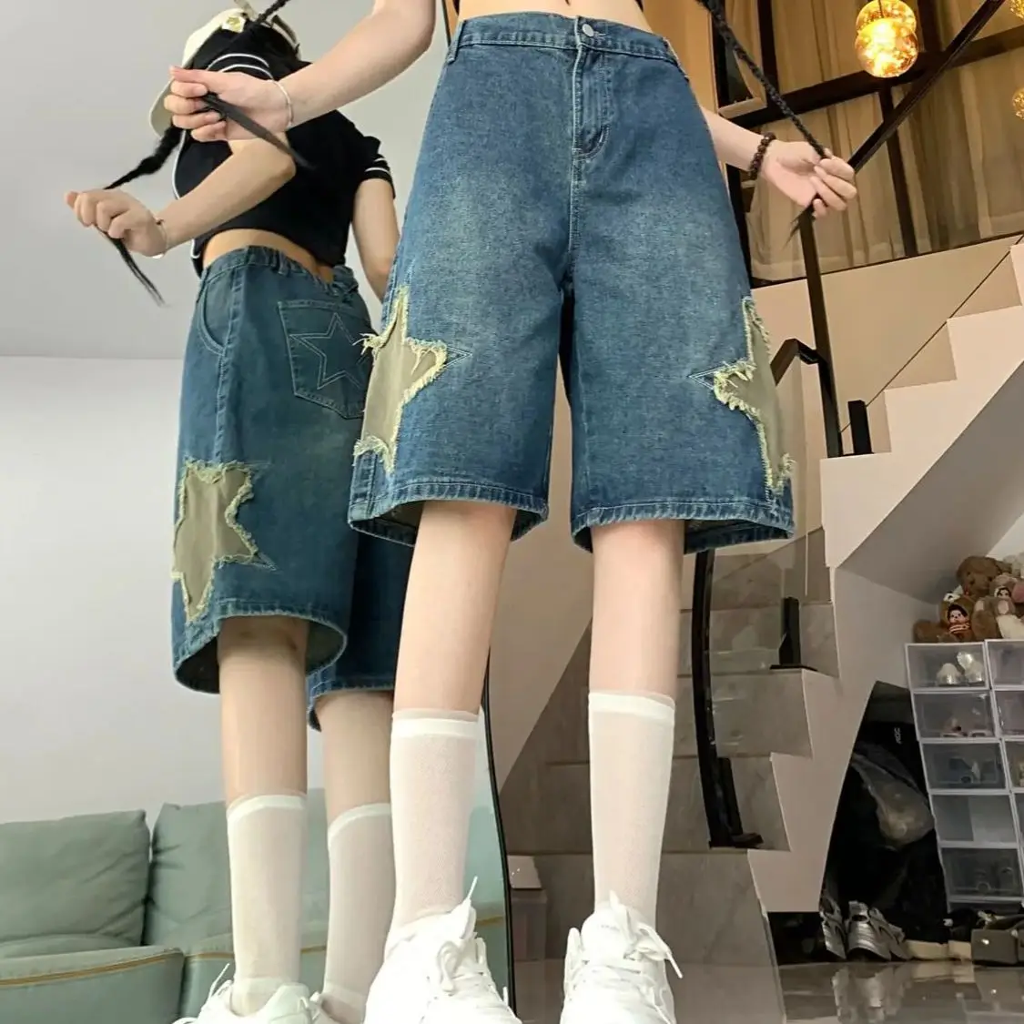 Jeans shorts Stickerei Star Patch Baggy Shorts Y2k Harajuku Retro Streetwear Sommer mode lässig kurze Hosen blau