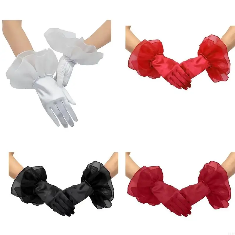 91AF Satined Wedding Gloves with Ruffled Cuffs Design for Bride Wedding Ceremony Reception and Seasonal Occasion Handwear